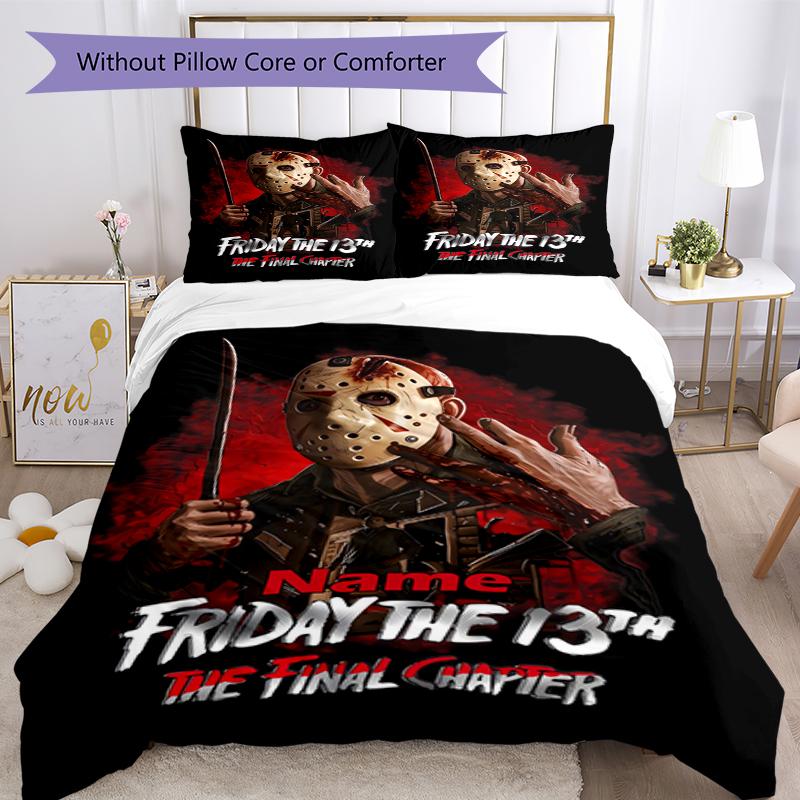 3pcs Custom Name Friday the 13th Bedding Set Duvet Cover Closure Includes 1 Duvet Cover & 2 Pillowcases, Soft and Comfortable for All Seasons.