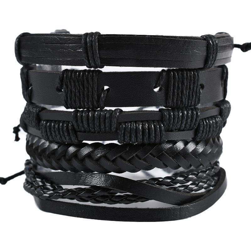 Retro Men's 5-Piece Adjustable Cross-Woven Leather Bracelet Set - National Style