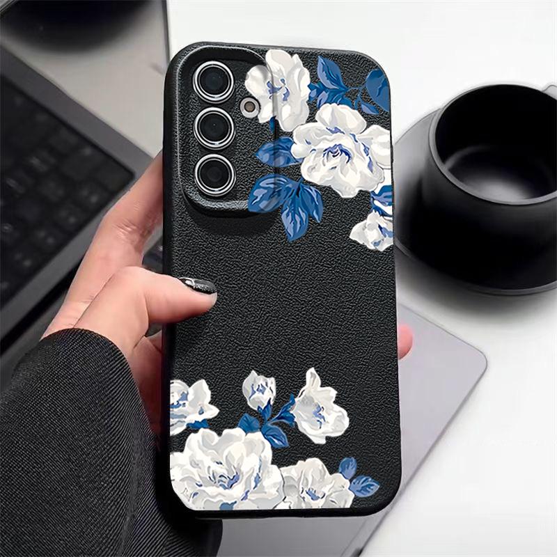 Funda Floral de Gardenia Blanca Para Samsung S26 S25 S24 Ultra S23 S22 S21 FE A15 A16 A17 A26 A35 A36 A37 A54 A55 A56 A57 5G Cubierta de Silicona con Textura de Cuero