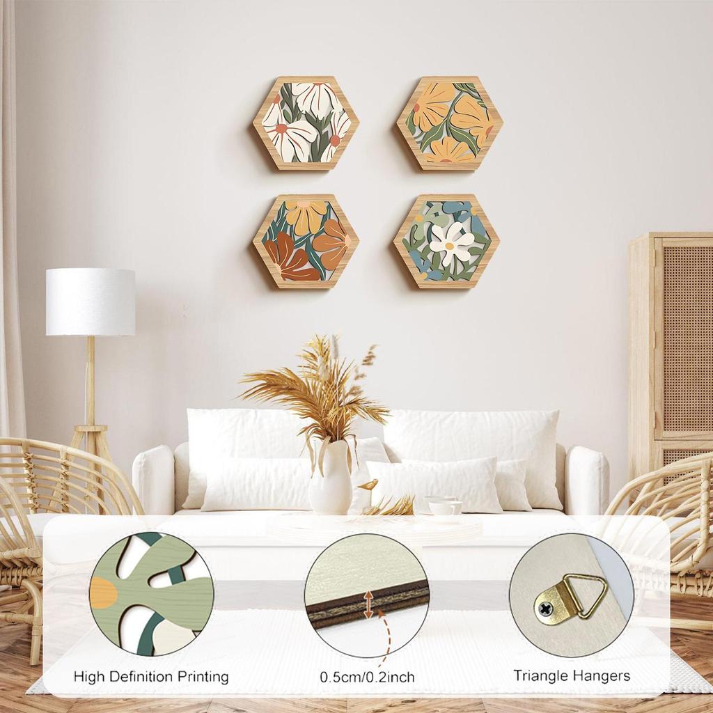 4pcs Bohemian Flowers and Plants Wooden Hanging Wall Decoration Morandi Geometric Hollow Home Hanging Wall Decoration