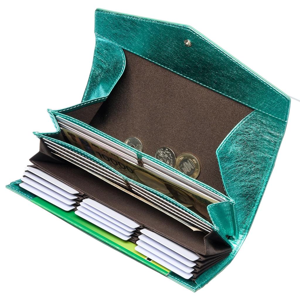 FRANCK ROSSINI Women's Leather Long Wallet with Flap, 40 Card Slots, Large Coin Pocket, Gift Boxed, Green, Made by Enterprise, Italy