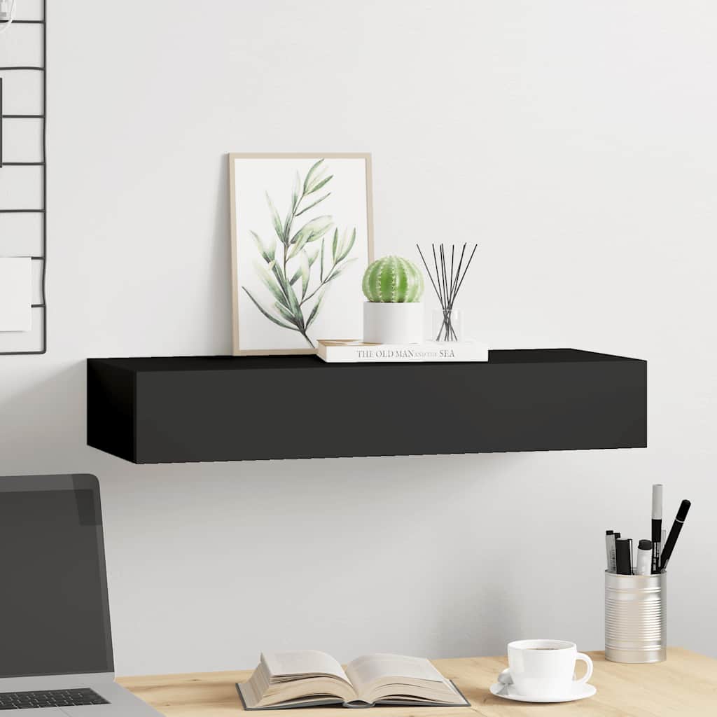 Vidaxl Wall Shelf With Drawer, Black, 60 X 23.5 X 10 Cm, Mdf
