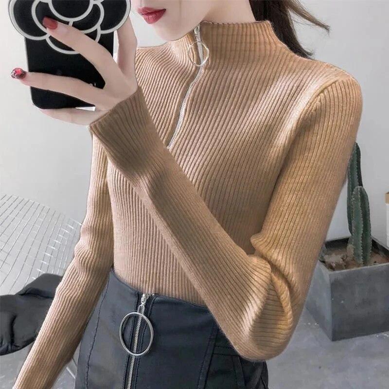 Knitted Women Zipper Half High Neck Ring Zipper Slim Top Sweater Pullovers Autumn Winter Basic Women Sweaters Slim Solid Knitwear Pull Femme Tops