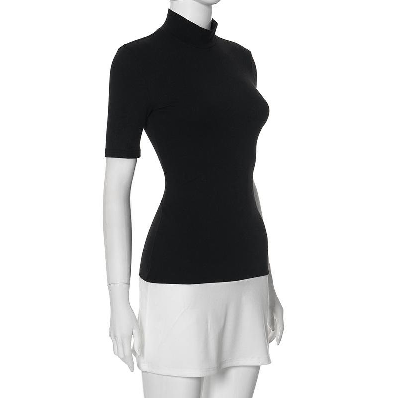 Léto 2025 Rolák Poloviční rukáv Mini šaty Francouzský styl Móda Elegantní Černobílé Patchworkové Přiléhavé šaty