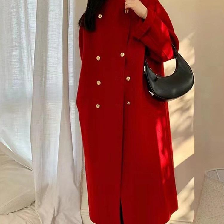 Manteau en laine rouge double face pour femmes Automne et hiver Nouveau design de mode Manteau en laine long populaire