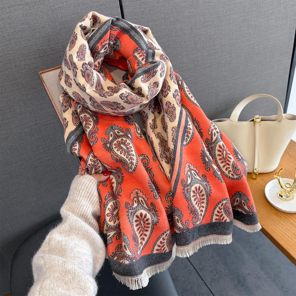 Retro Paisley Print Cashmere Feel Pashmina Women Winter Outdoor Keep Warm Large Shawls Wraps Tassels Lady Bufanda Blanket Poncho
