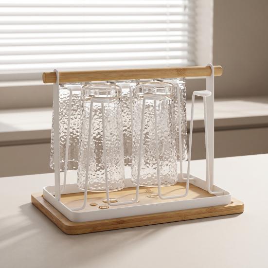 Iron Cup Drying Rack with Wood Handle & Drip Tray Baby Bottle Dryer Holder Space-Saving Countertop Organizer for Mugs