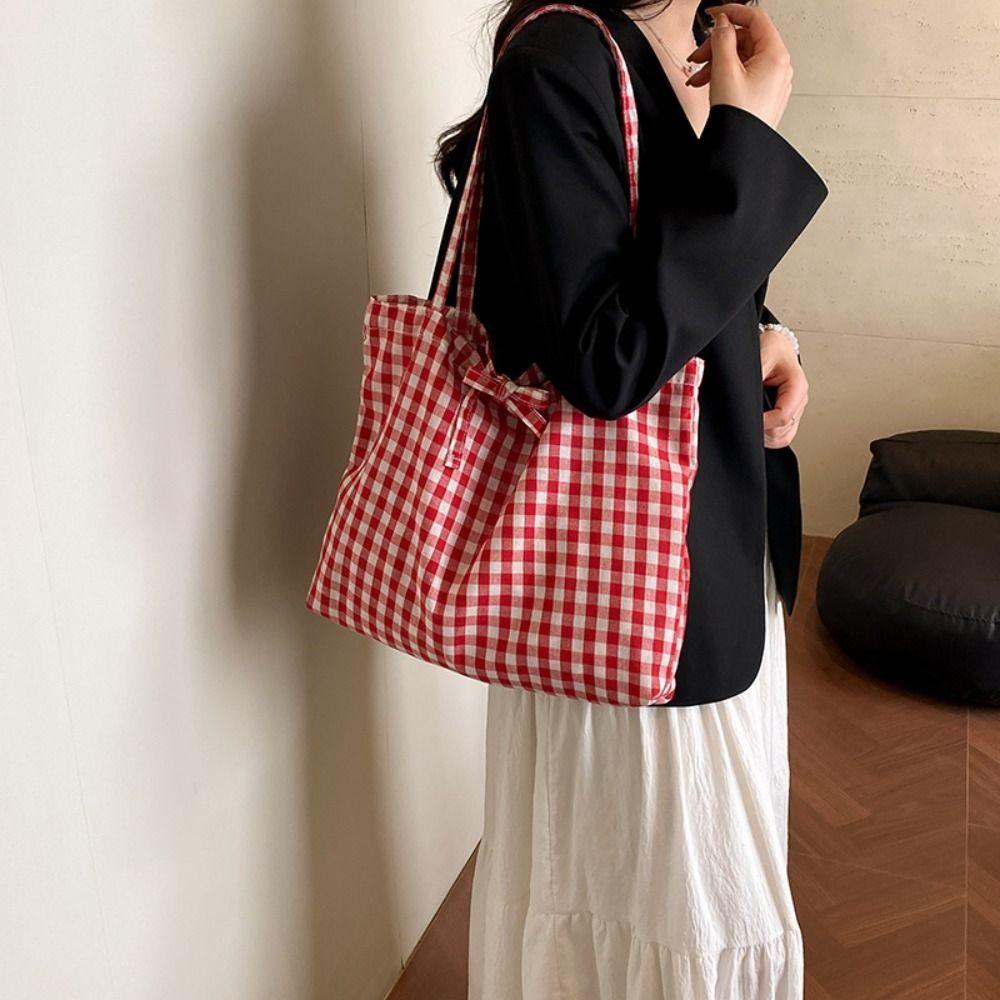 Korean Plaid Tote Bags Lightweight Shopping Bag Simple Plaid Shoulder Bag  Ladies