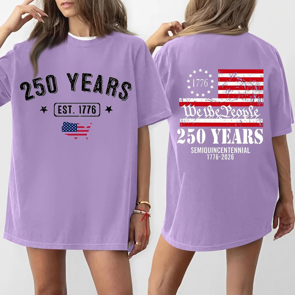 Women's Casual Independence Day 250 Anniversary Printed T-shirt Round Neck Pullover Short Sleeve Top
