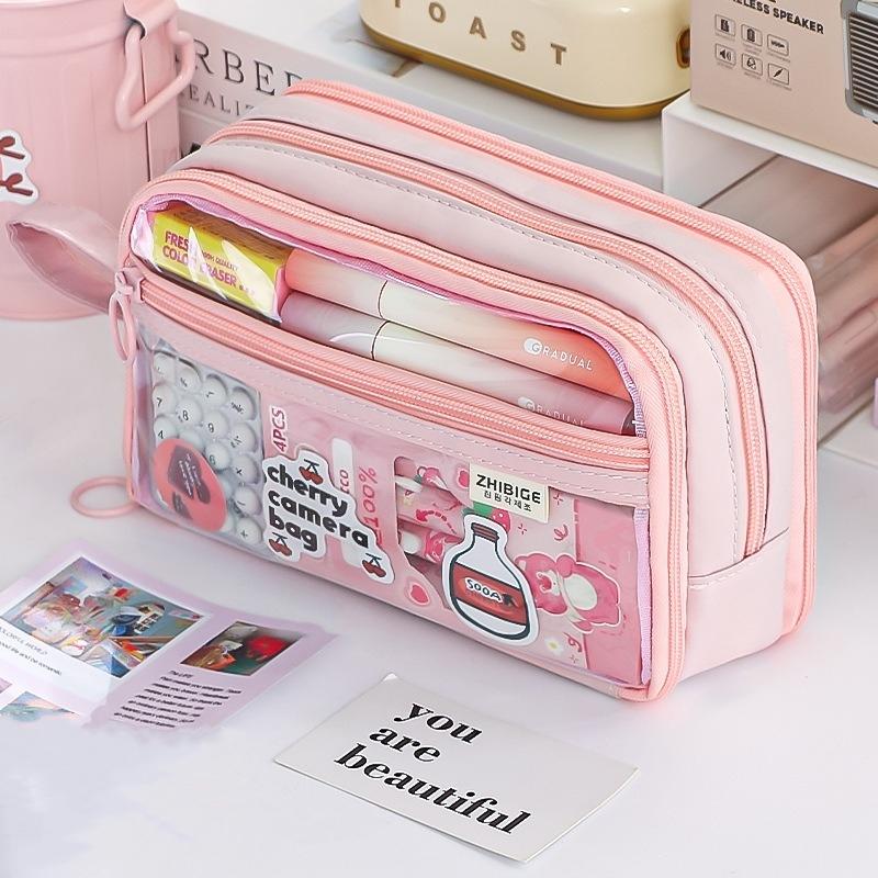 Dual-side Transparent Pencil Bag Pen Case 4 Layer Multi Pocket Storage Pouch for Stationery School A7628