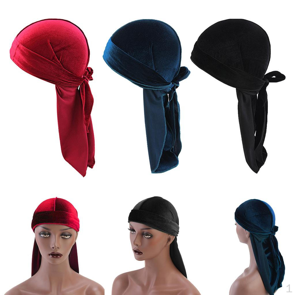 Unisex Velvet Bandana Headwear Silk Pirate Cap Wrap Hat red +Navy+Black