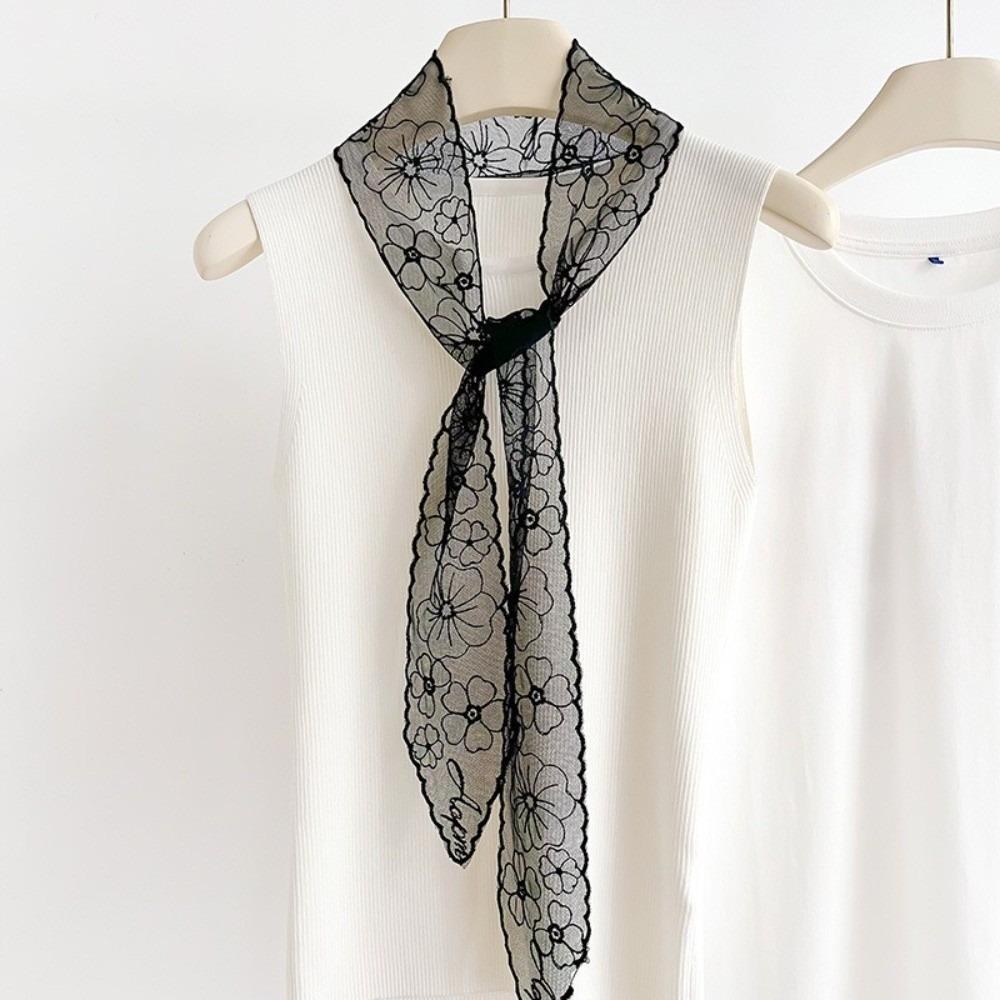 Floral Embroidery Narrow Scarf Retro Lace Scarf Elegant Chiffon Scarf  For Women