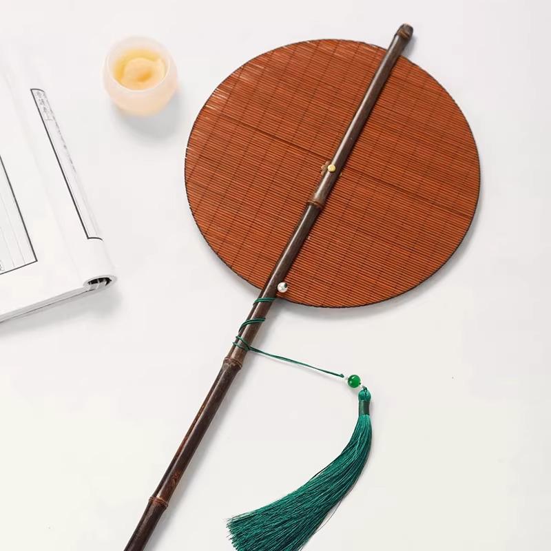 Ancient Purple Bamboo Lacquered Round Fan with Long Handle and Tassels - Portable Folding Hanfu Palace Fan