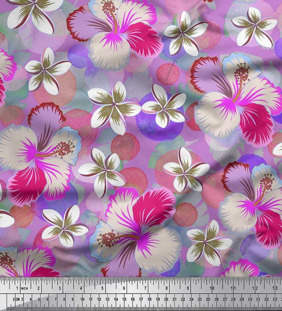 Soimoi Japan Crepe Satin Fabric Leaves & Plumeria Flower Decor Fabric Printed Metre 42 Inch