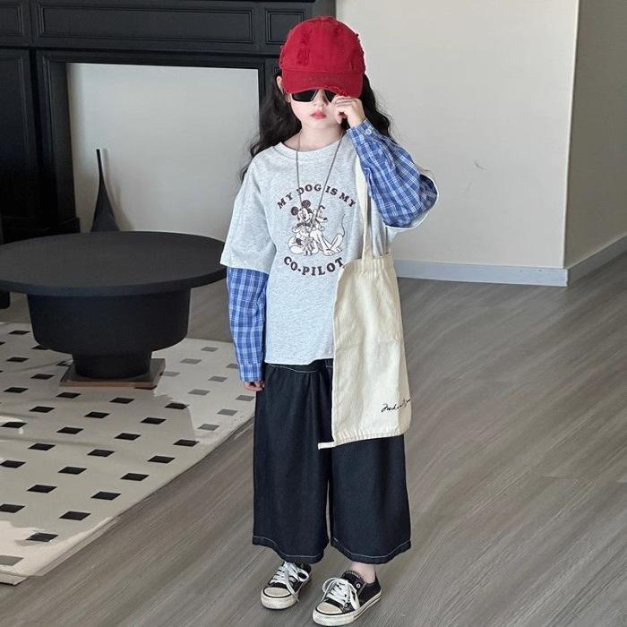 Girls Block Long Sleeve Mock Layer Tee Stylish Spring Autumn Top