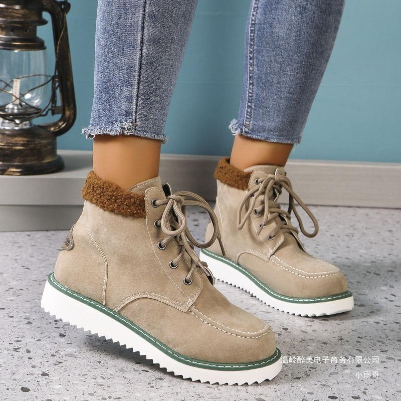 Foreign trade large size women's boots 2025 winter new thick-soled cotton boots women's solid color foot cover warm lace-up hair mouth short boots