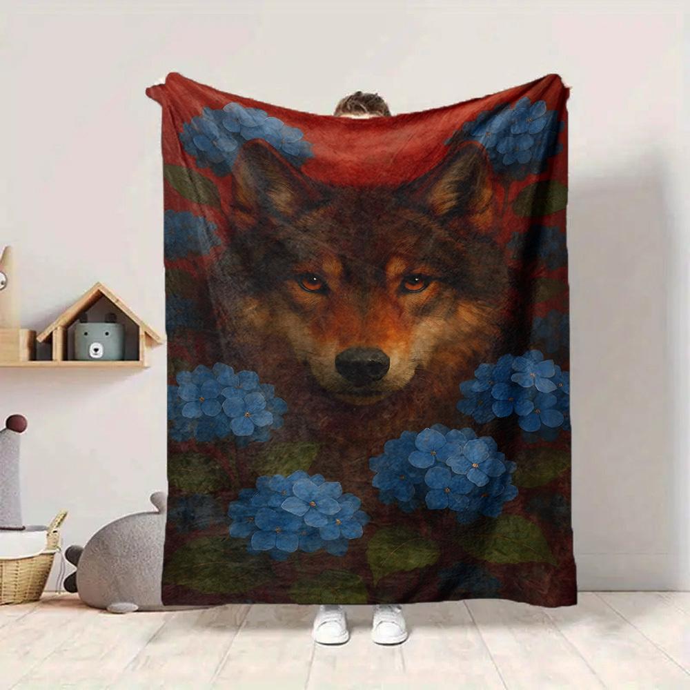 1pc Wolf, Blue Flowers Blanket - Lightweight Flannel Fleece with Digital Printing, Soft Warm for Sofa, Travel, Camping, Office yy251018258