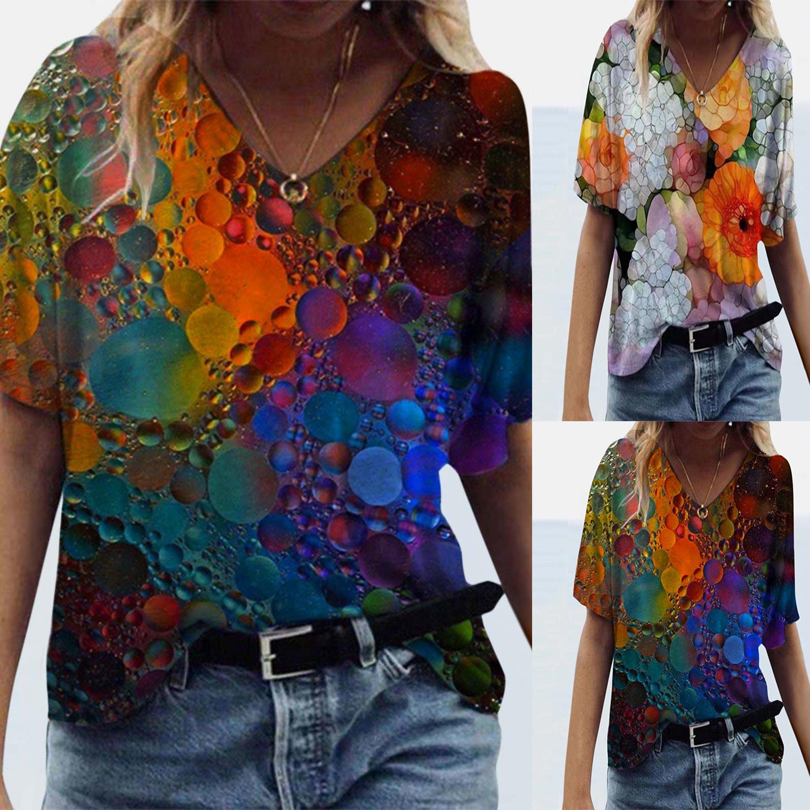 

Summer Women s V-neck Printed Short-sleeved Casual Top