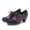 Retro Printed High Heels Genuine Leather Pumps Ethnic Style Flower Side Zipper Women's Shoes