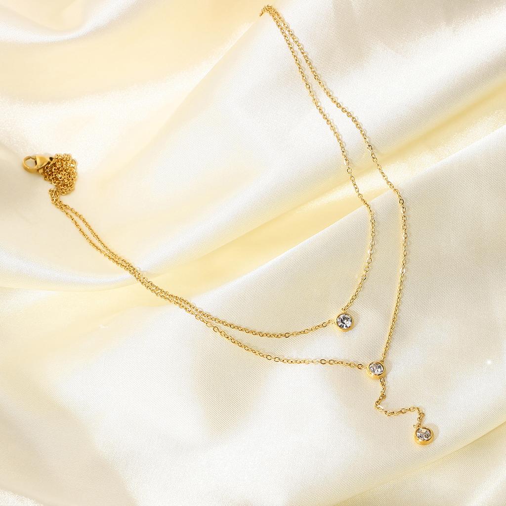 Stainless Steel Double Layer Y Shape Chain Zircon Pendant Necklace For Women Statement Choker Necklace