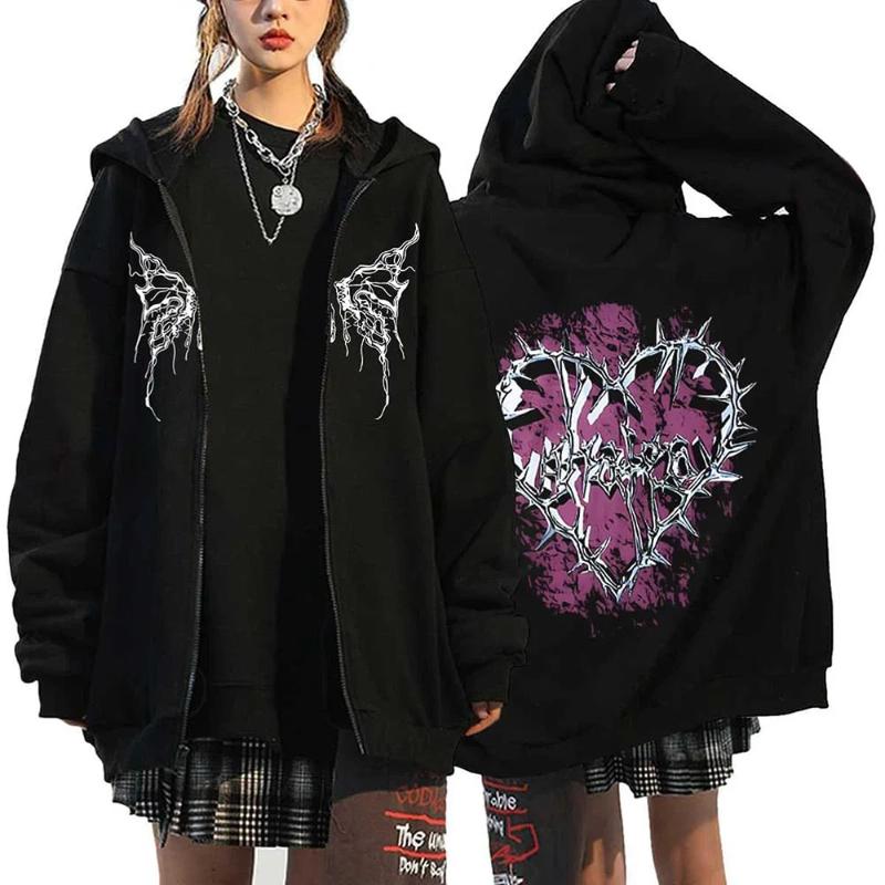 Fall Winter Trend Vintage Pattern Print Fleece Hoodie Zipper Men's Women's Loose Jacket Fashion Gothic Hip Hop Style Sweatshirt