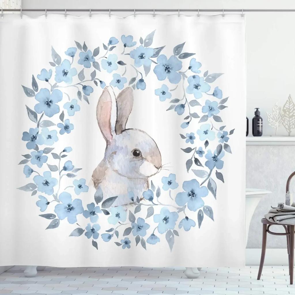 Happy Easter Bunny Shower Curtain Funny Rabbits Pink and Blue Eggs Bath Curtain Polyester Fabric Waterproof Bathroom Curtain Set