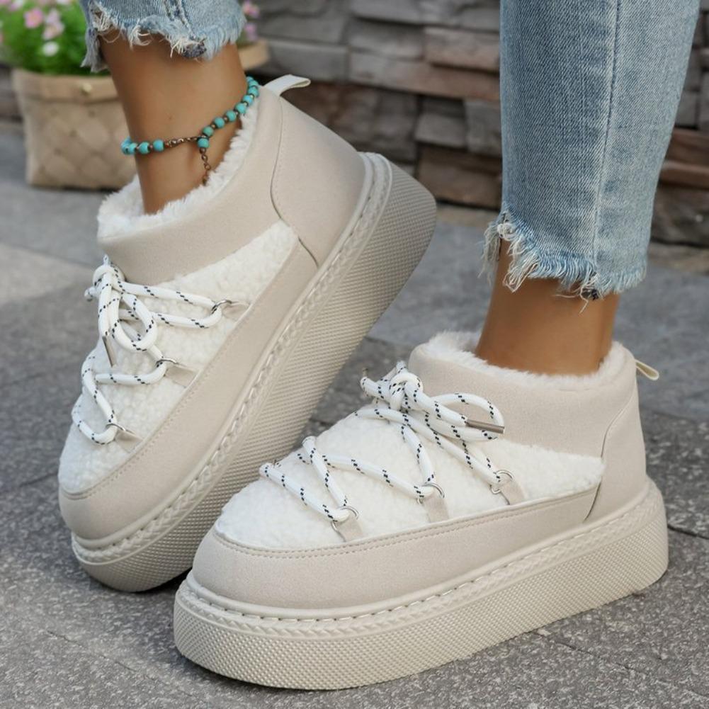Fashion Women's Round Short Boots Toe Spliced Plush Lace-Up Front Platform Anti-Slip Wear-Resistant Cotton Boots 2025 Winter Snow Boots
