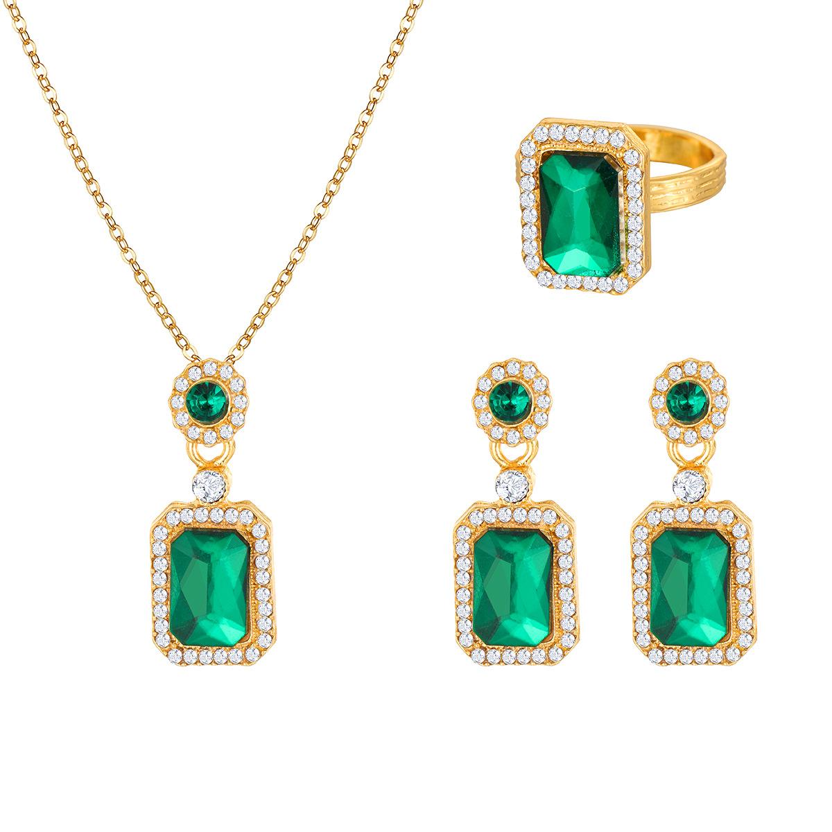 

4pcs Gold Color Emerald Jewelry Set For Women Luxury Green Gemstone Necklace Earrings Ring Set Trendy Rhinestone Crystal Gifts