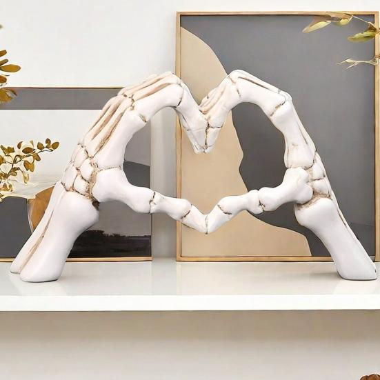 Skeleton Hands Heart Sculpture Gothic Love Gesture Statue Resin Heart Shape Skeleton Finger Gesture Figurine for Halloween Home Decor Gift
