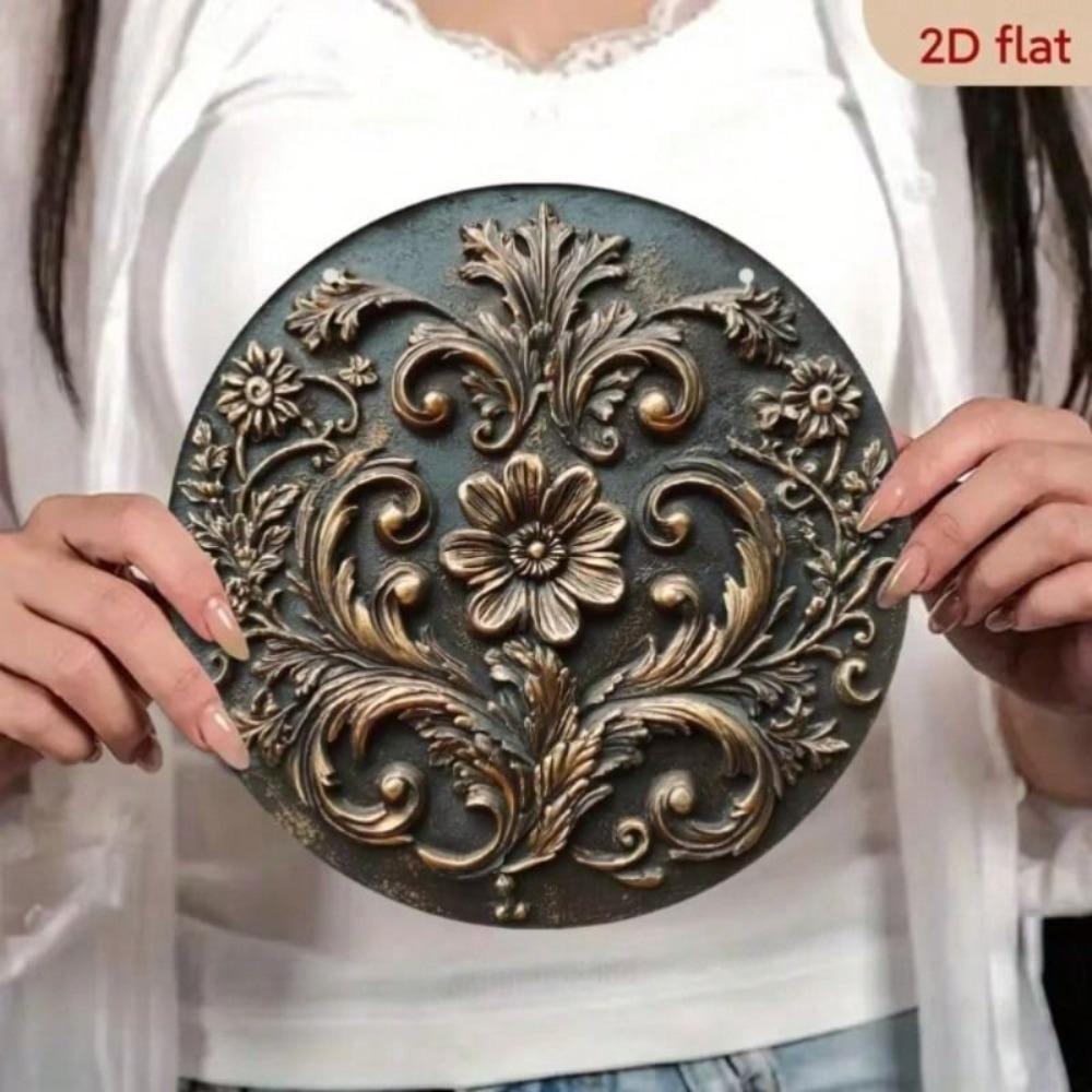 Vintage Round Metal Poster, Wall Art Leaf Pattern for Living Room