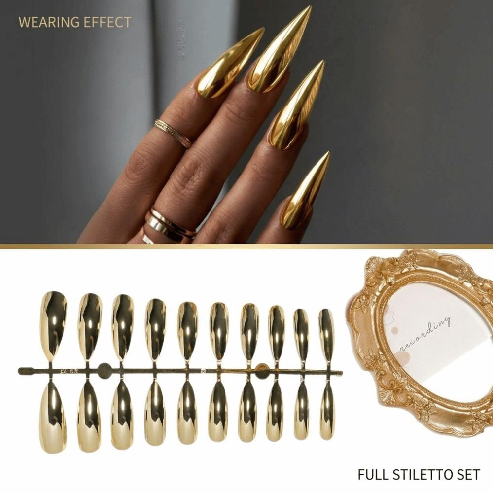 Gold Long Almond Fake Nails Finished Mirror Surface False Nails Detachable Press on Nails Nail Art