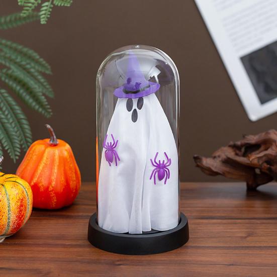 Yousheng Halloween Ghost Decor Light Up Ghost in Glass Cloche with Wood Base Cute Ghost Night Light Decoration for Table Shelf Fireplace Room Decor