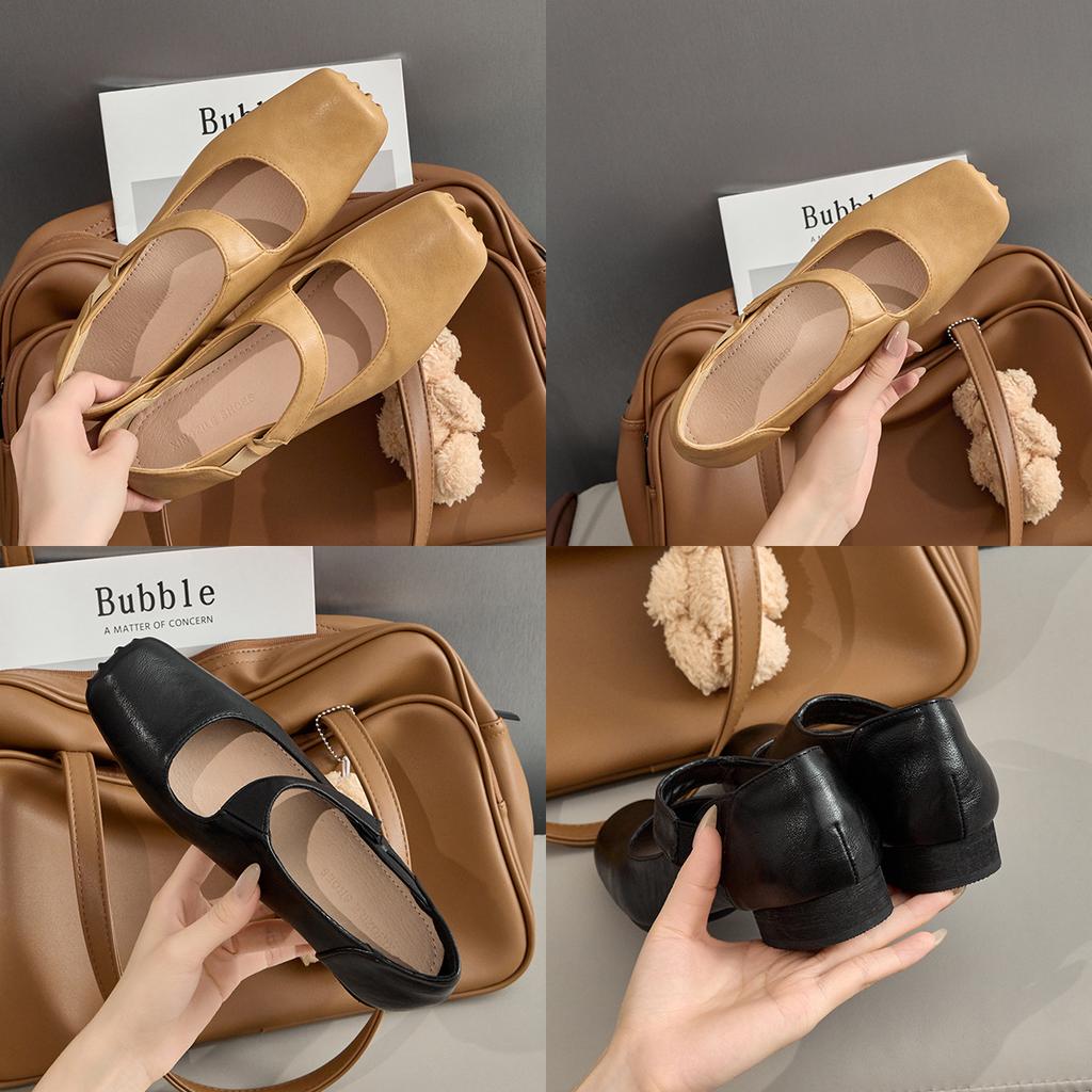 Leather Mary Jane shoes square head elastic band light mouth black single shoes polished retro ballet style literary ballet shoes