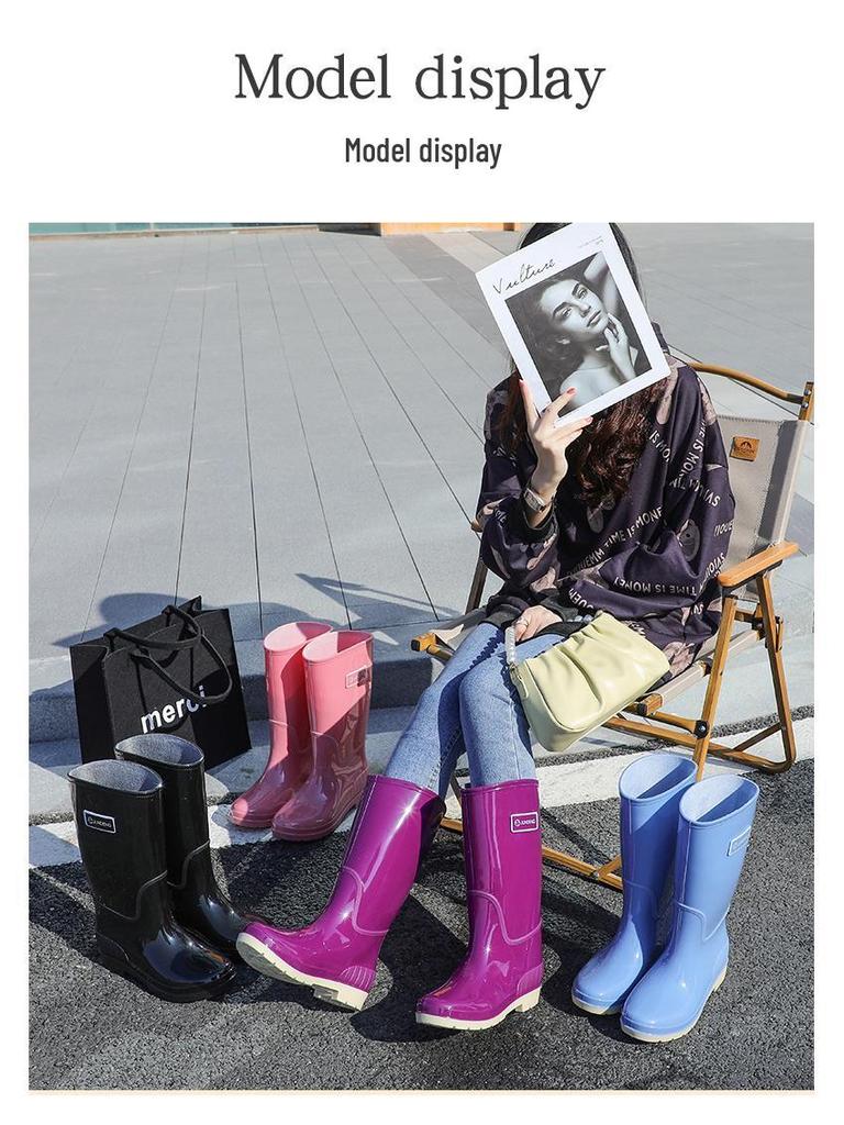 Women's Waterproof High Tube Non-Slip Rain Boots with Warm Velvet Lining - Fashionable PVC Rubber Shoes