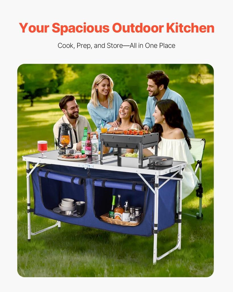 Camping Kitchen Table Folding Portable Cook Station 3 Adjustable Heights