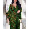 Spring Summer V-neck Patchwork Print High Waist Long Dress With Belt Casual Women's Dress