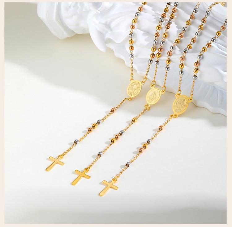 Triple Tone Beaded Rosary Cross Necklace, Stainless Steel Long Chain Crucifix Rosary Chain Y Necklace Women Religious Jewelry