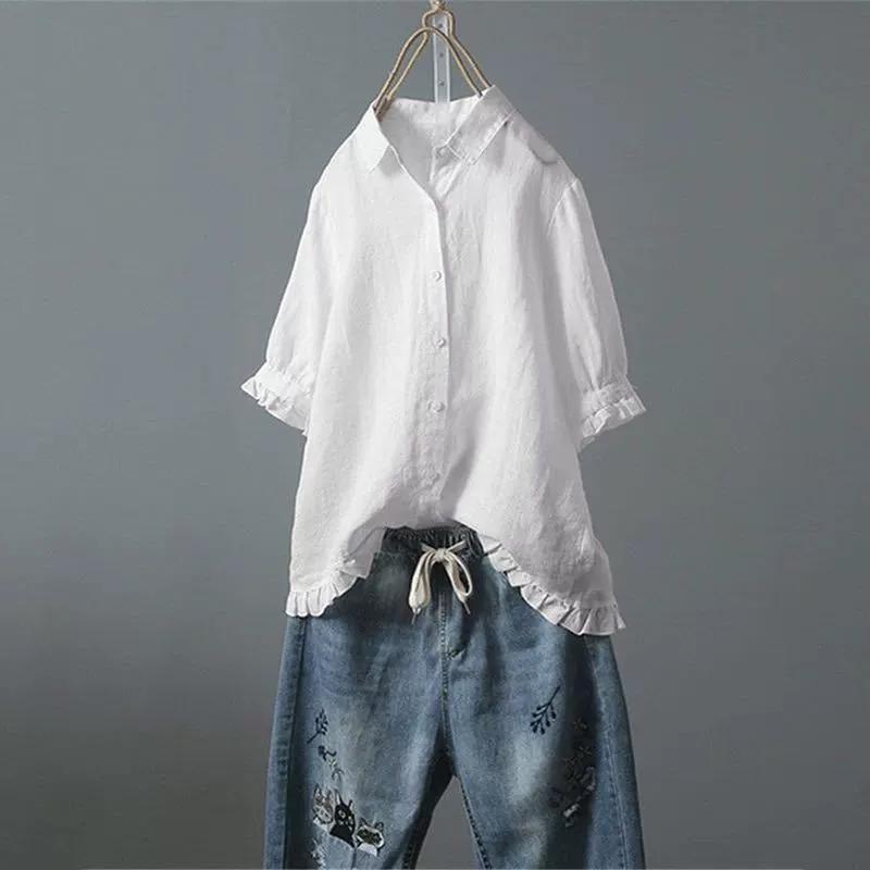 Women's Cotton And Linen Shirt Solid Color Lapel Button Up Shirt Upper Hem Short Sleeve Loose and Casual Top Autumn Streetwear