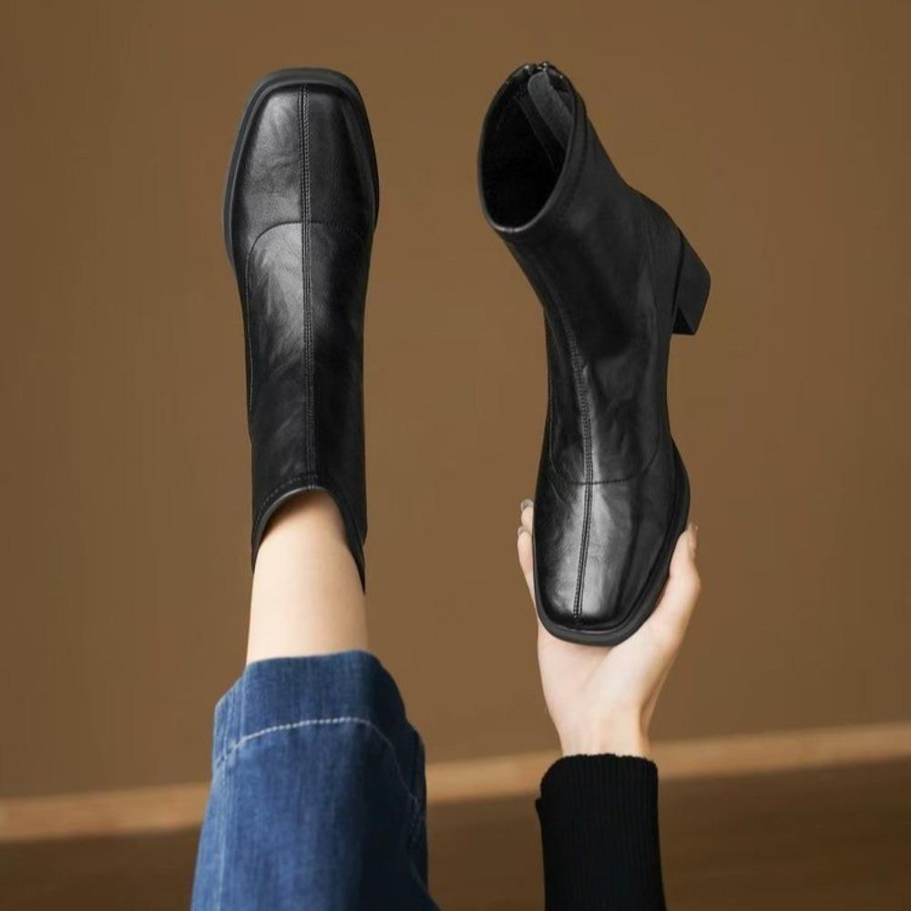 Women Autumn Vintage Elastic Leather Ankle Boots Elegant Thick Heel Slim Fit Soft Short Booties Fashion Shoes