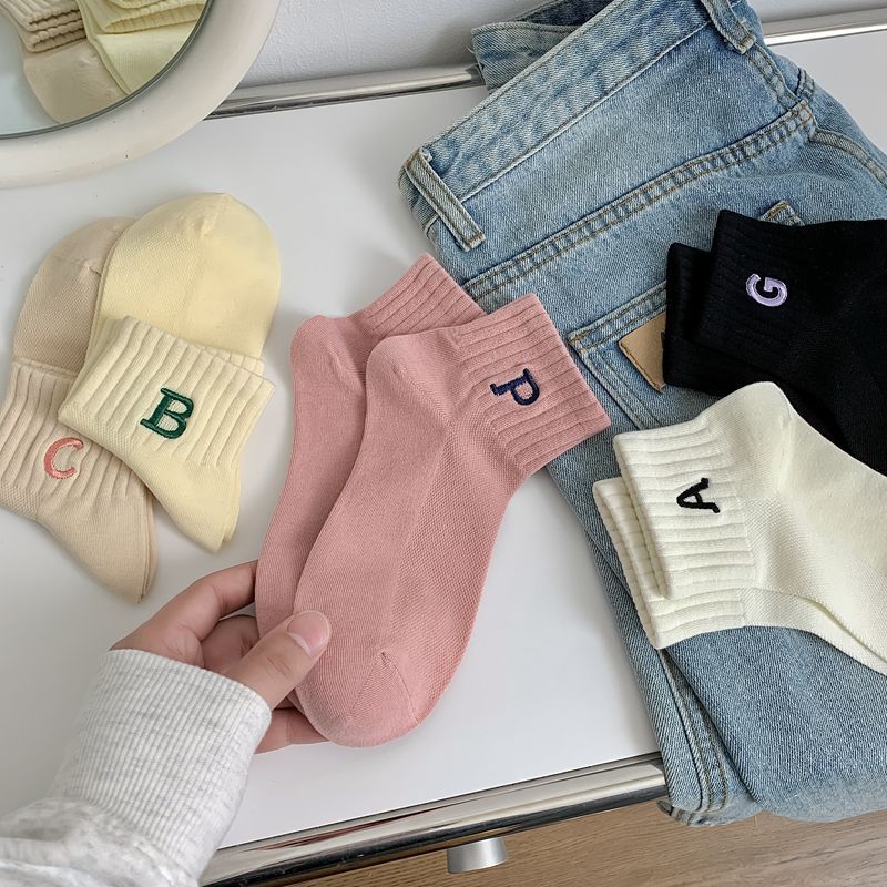 Spring And Summer All-In-One Machine 200-Needle Five-Point Short Socks, Letter Embroidery Trend Boat Socks Women