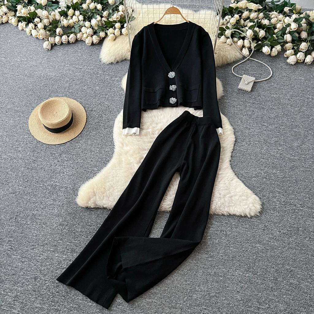 Winter Strickwaren Damen Anzüge Langarm Diamantknöpfe Oberteile+Freizeithosen mit weitem Bein Locker Warme Pullover-Sets