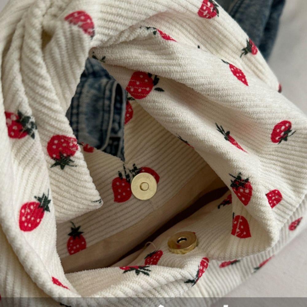 Canvas Cloth Bag Strawberry Printed Underarm Bag Fashion Corduroy Handbag  Mobile Phone Bag