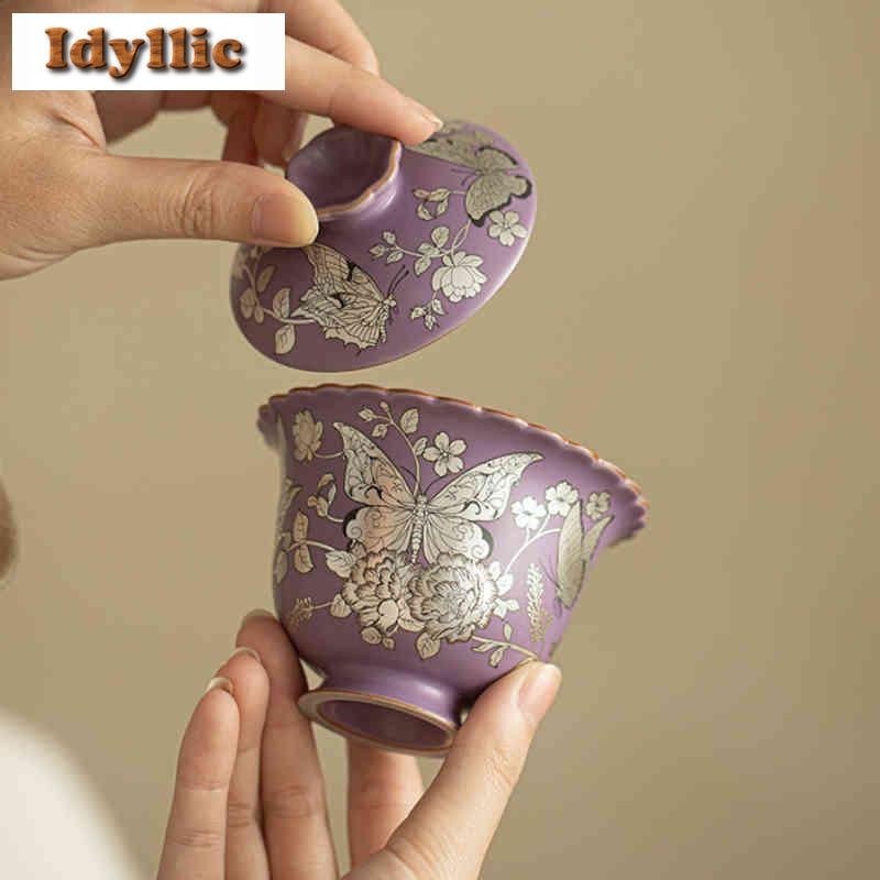 120ml Ru Kiln Gilt Silver Butterfly Gaiwan Ancient Tea Tureen Tea Bowl With Lid Kit Tea Making Cover Bowl Teaware Decoration