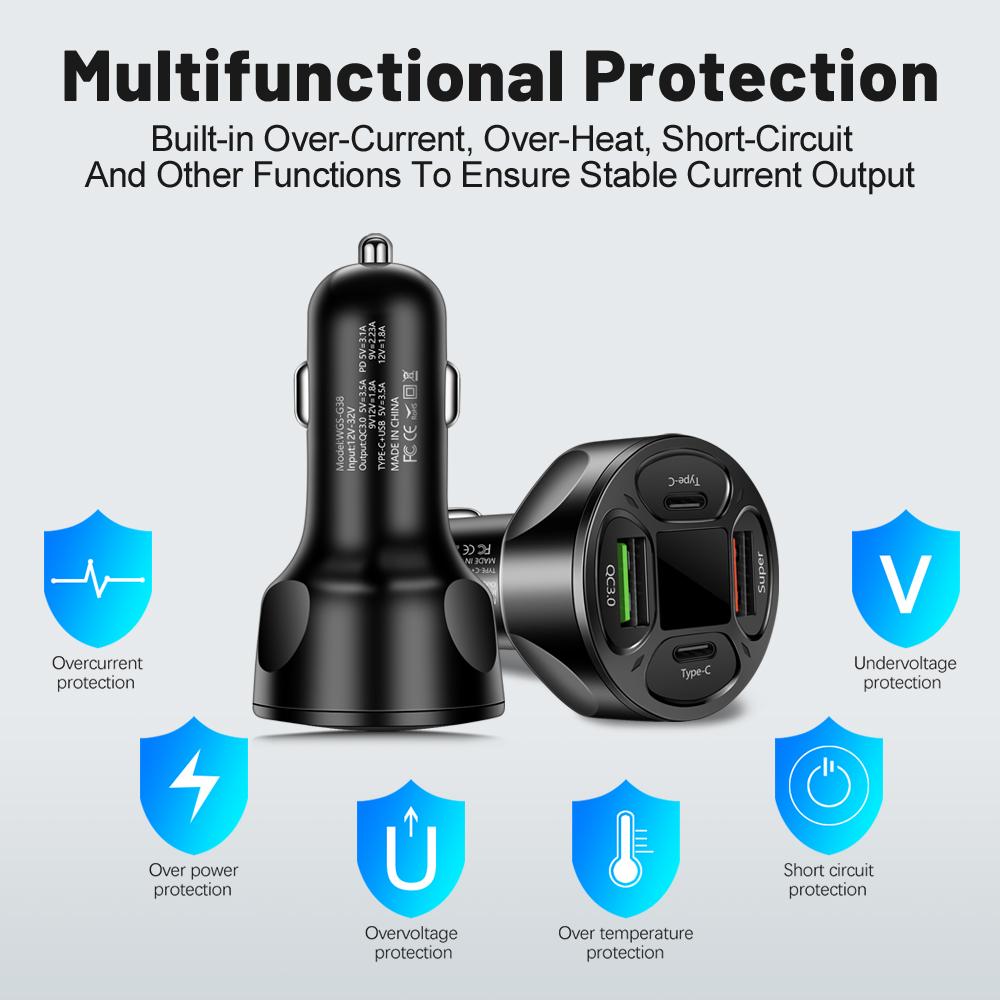 66W USB Autoladegerät Typ-C Schnellladung 4 Anschlüsse Quick Charge 3.0 Adapter Für iPhone 15 14 Pro Samsung Xiaomi Auto Handy Ladegerät