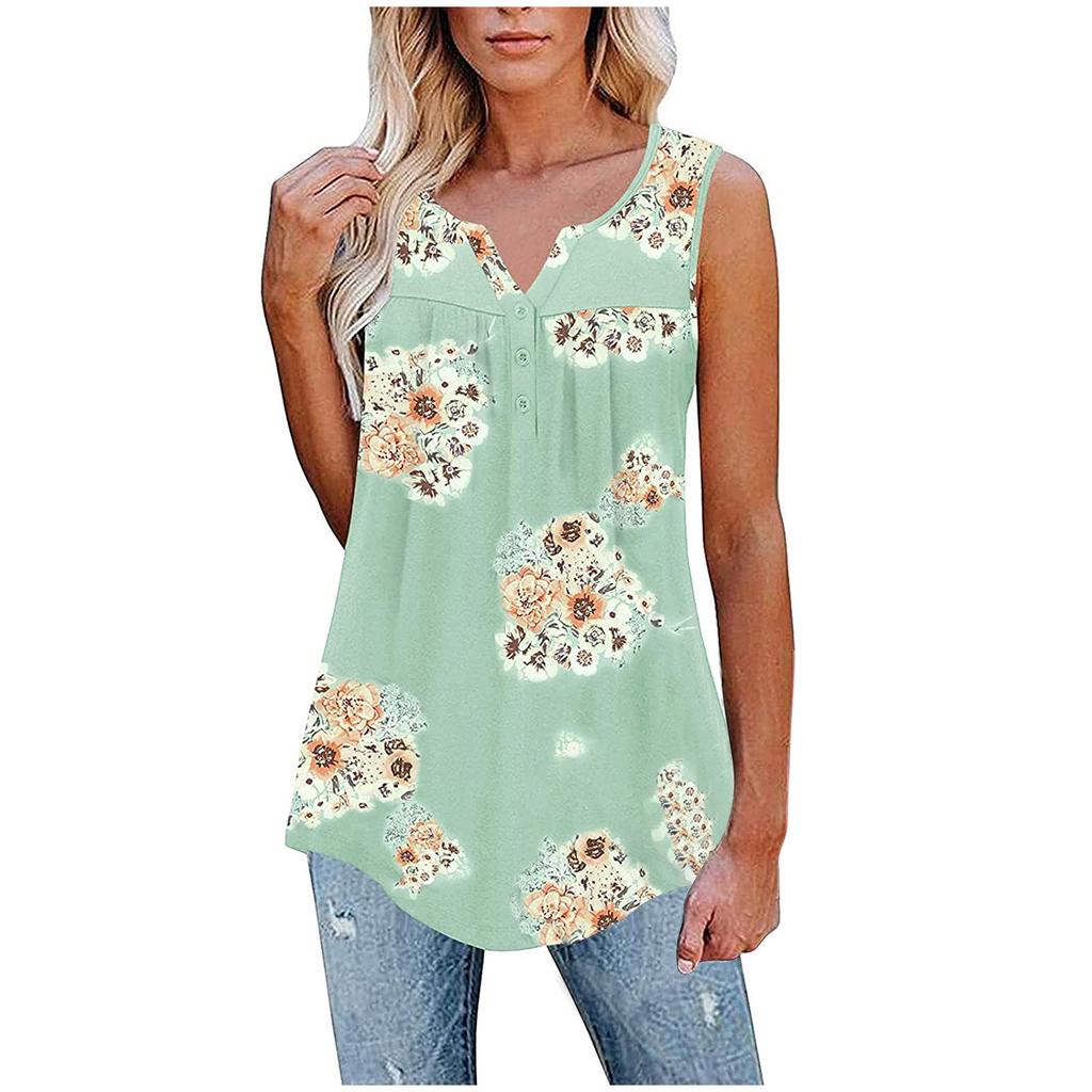 Fashion Womens Summer V-neck Sleeveless Prints Tops Ruffle Loose Tunic Blouse