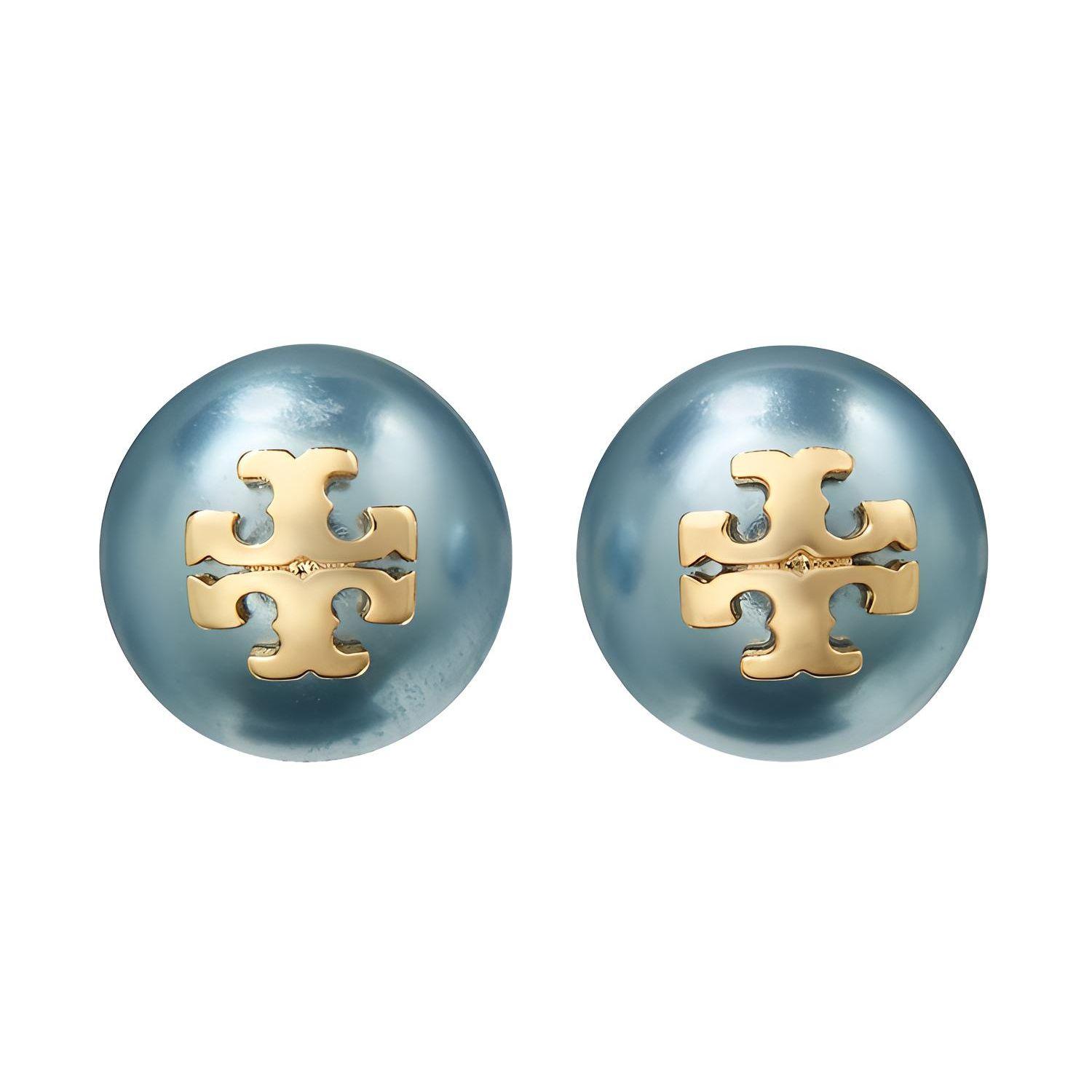 Tory Burch Logo Brass Imitation Pearl Titanium Earrings Women earrings Blue 18151-760 F,Blue