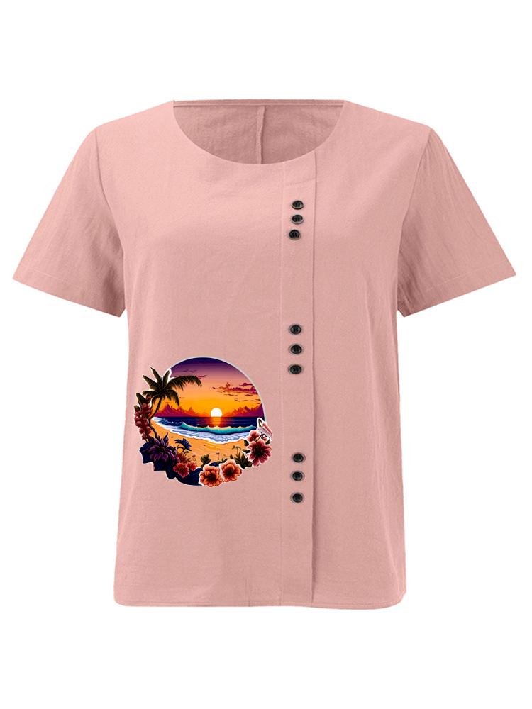 Women s Fashion Landscape Pattern Print Round Neck Short Sleeve T-shirt Summer Casual Cotton Linen Graphic Shirt Leisure Loose Blouse Tops S розовый