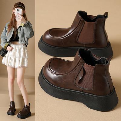 Scarpe con zeppa da donna Fondo spesso Rialzanti Stivaletti da donna Punta tonda Slip-on Stile di strada Chelsea Botas Mujer