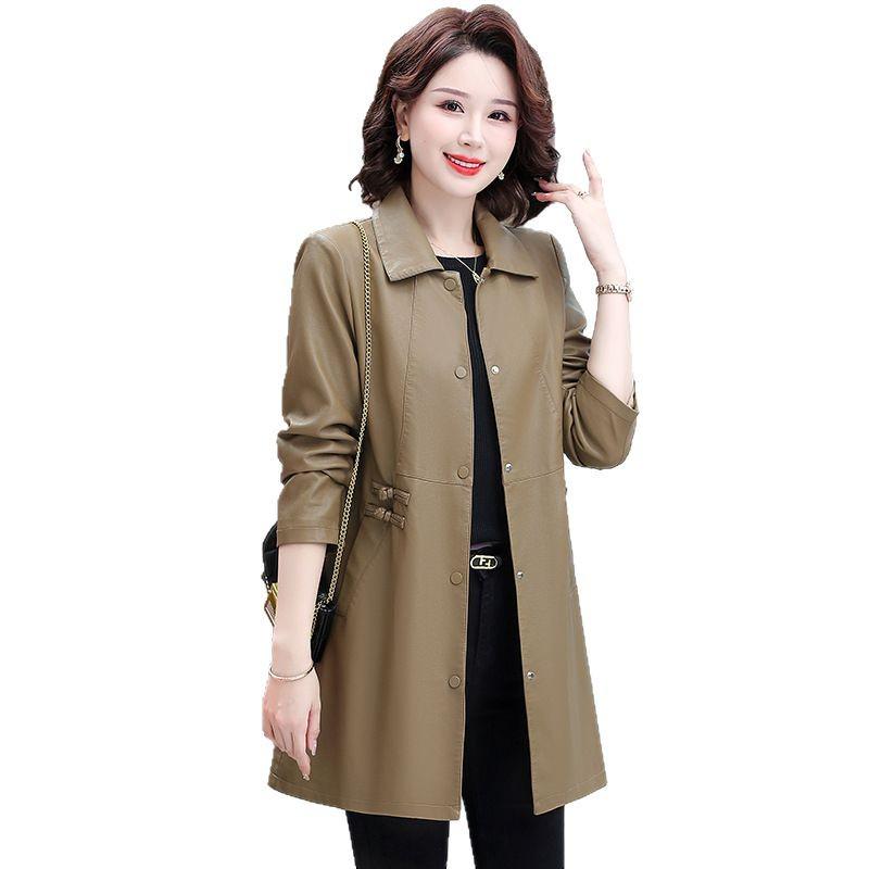 Stylish Leather Trench Coat for Middle-Aged Women - Spring & Autumn Slim-Fit, Washed Leather