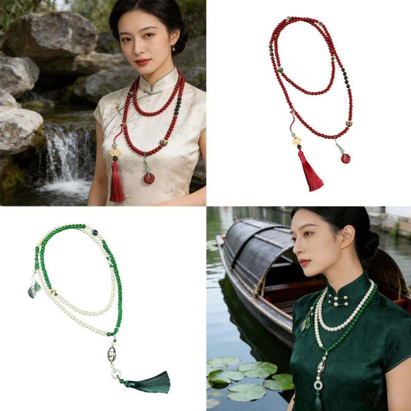 Women's Fashion Long Layering Beaded Fringe Necklace with Glass Stone Accents for Comfortable and Stylish Wear in Various Occasions